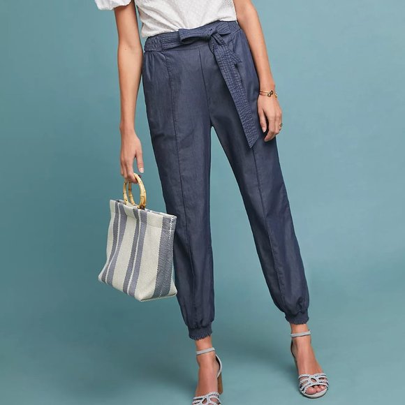 Anthropologie Globetrotters Chambray joggers smocked waist blue lightweight S - Picture 2 of 14